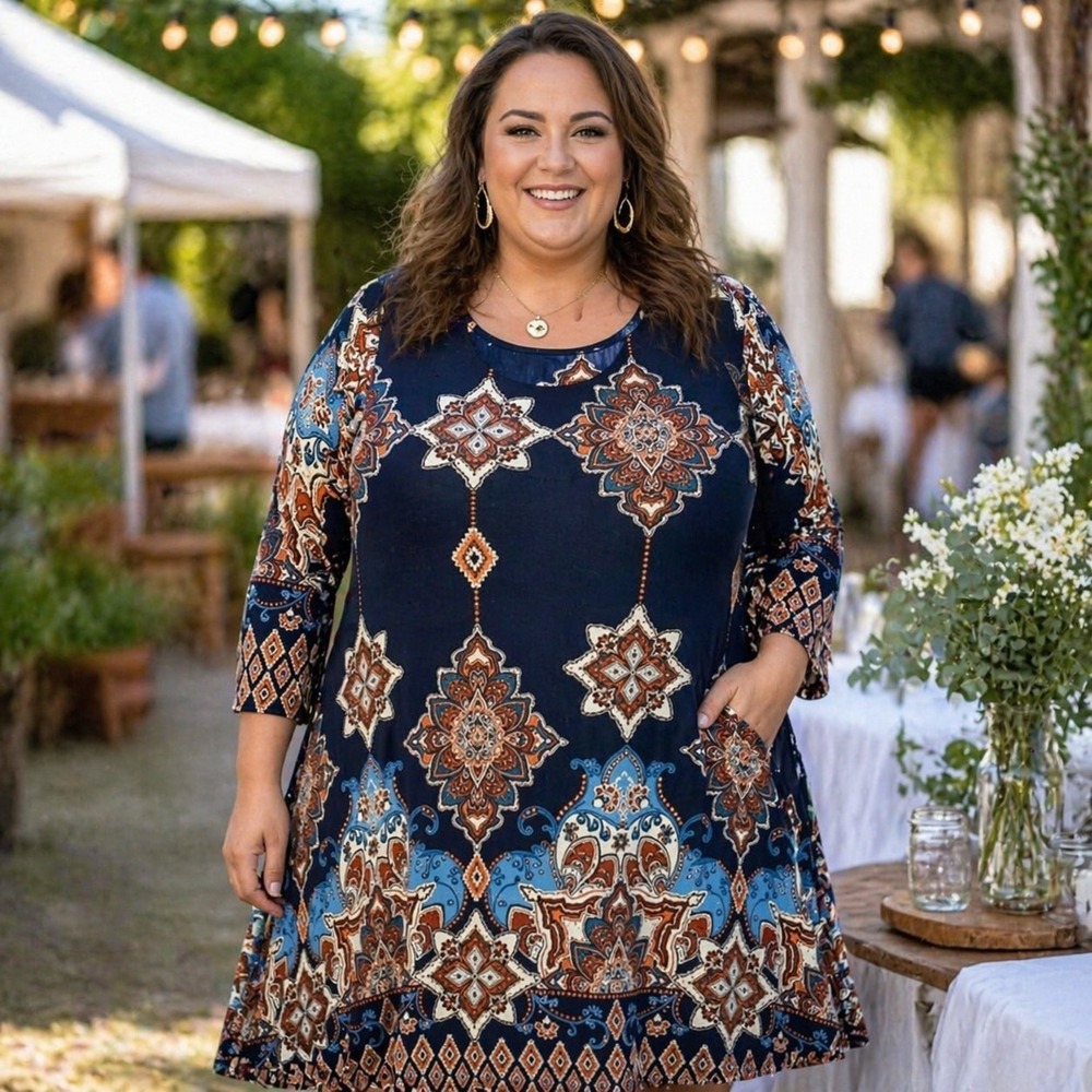 Paisley Grace Women's 2X/3X Plus Dress Boho Medallion Swing Festival Cottagecore